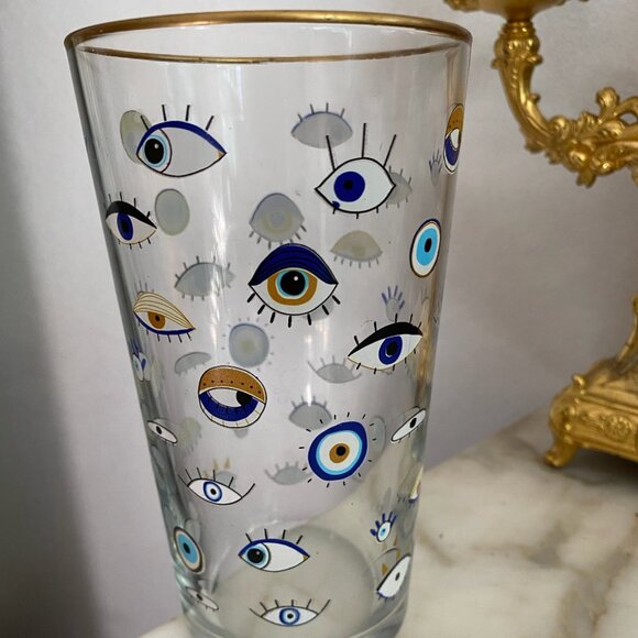 Anthropologie Rakle Refined Glass Tumblers Gold Black Rim Hasma Hand Evil Eye - Picture 3 of 3
